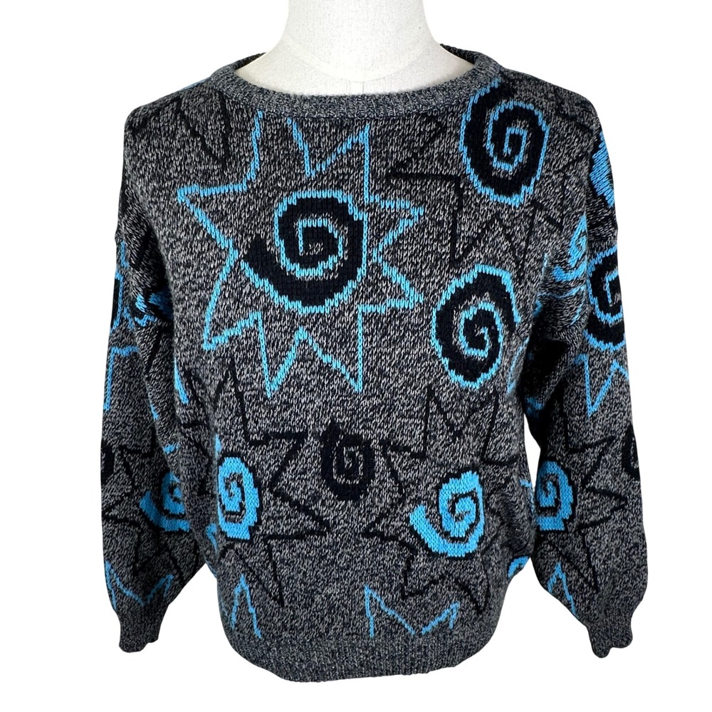 Vintage Aitch Sweater Men M Grey Blue Abstract Geometric Retro 80s Crewneck Knit